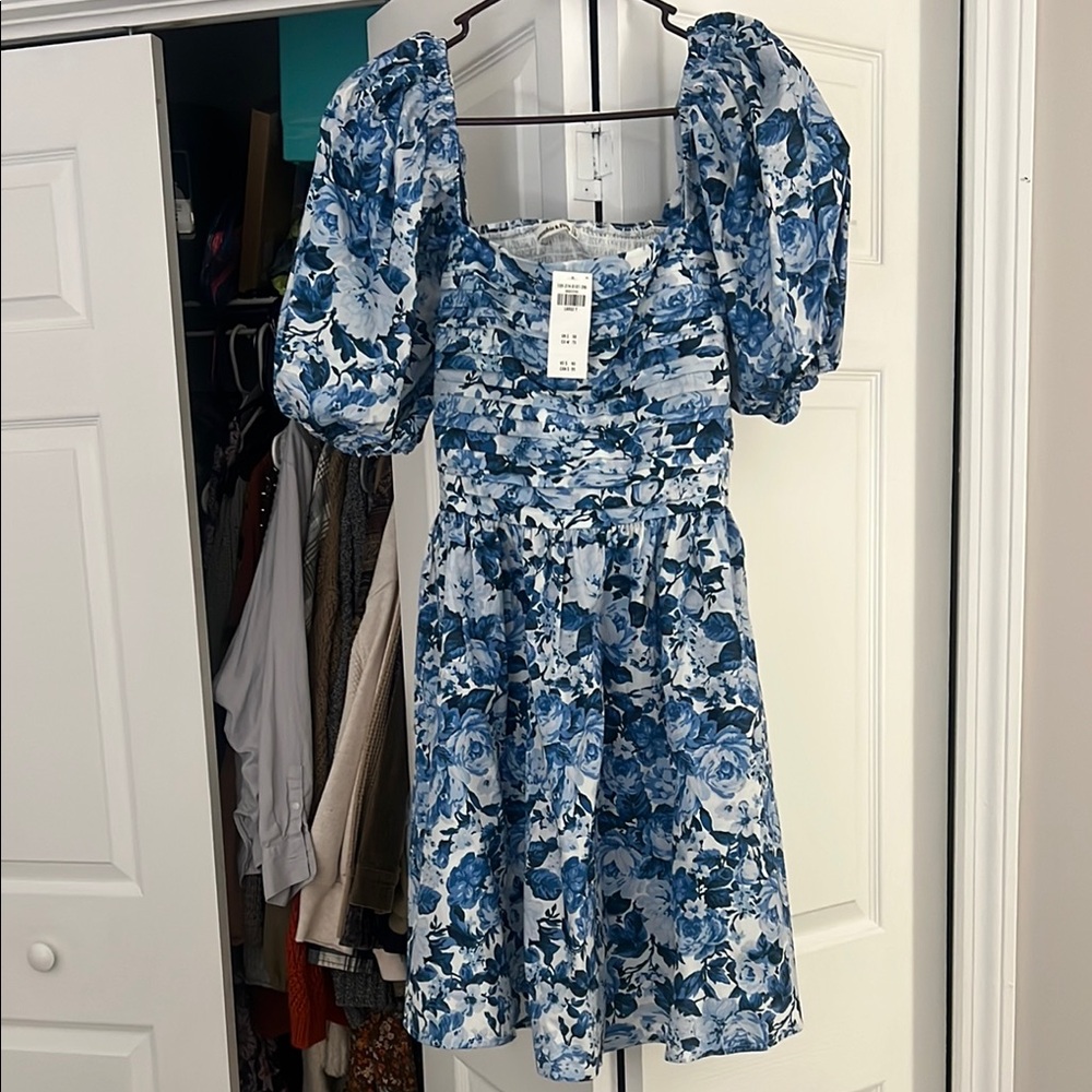 Abercrombie Floral Blue Dress with Puff Sleeves